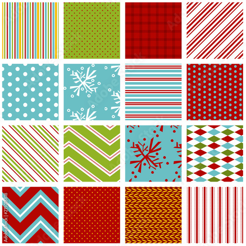 Holiday seamless background pattern set. Red, green and aqua blue. Snowflake, stripe, polka dot, gingham, diamond, knit and pillow ticking print. Christmas pattern set. Snowflakes.
