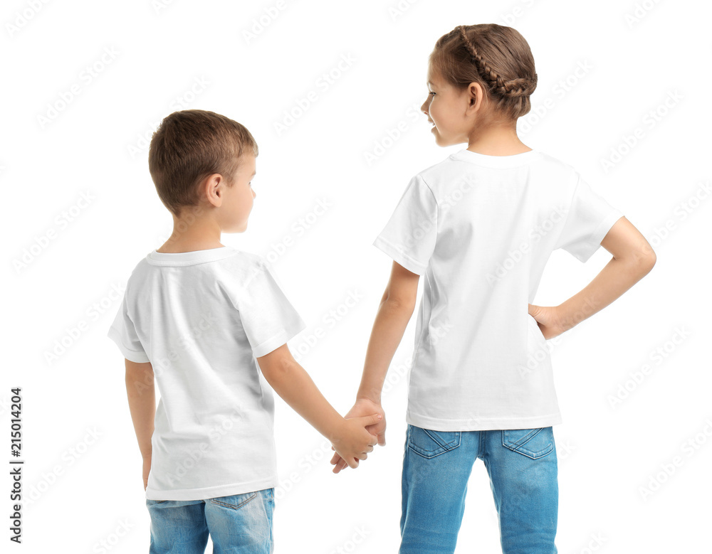 Little kids in t-shirts on white background. Mockup for design Little kids in t-shirts on white background. Mockup for design