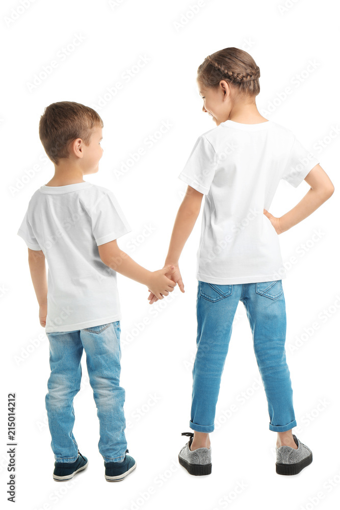 Little kids in t-shirts on white background. Mockup for design Little kids in t-shirts on white background. Mockup for design