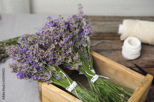 Fototapeta Naklejka Na Ścianę i Meble -  Composition with blooming lavender flowers on table