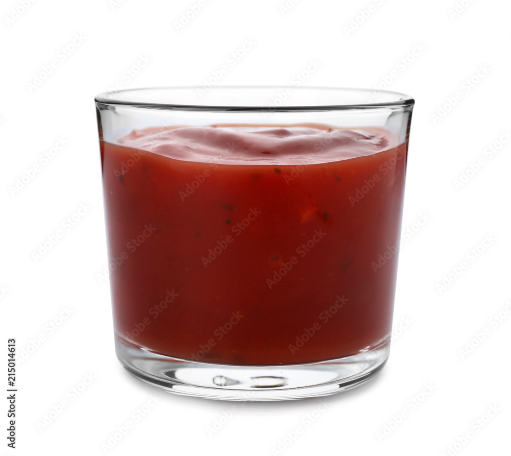Glass of spicy chili sauce on white background Glass of spicy chili sauce on white background