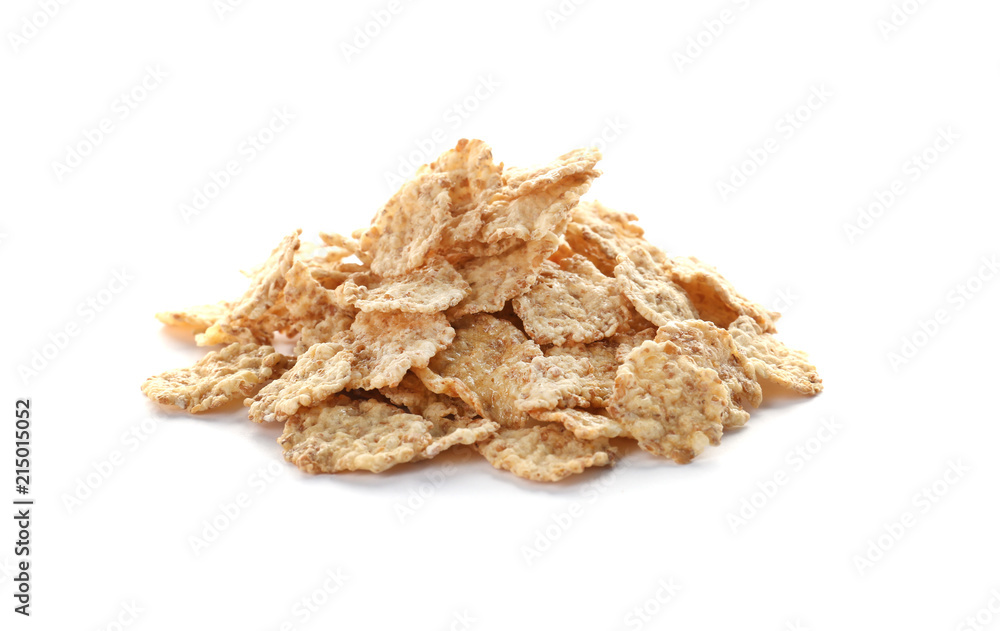 Wheat flakes on white background. Healthy grains and cereals