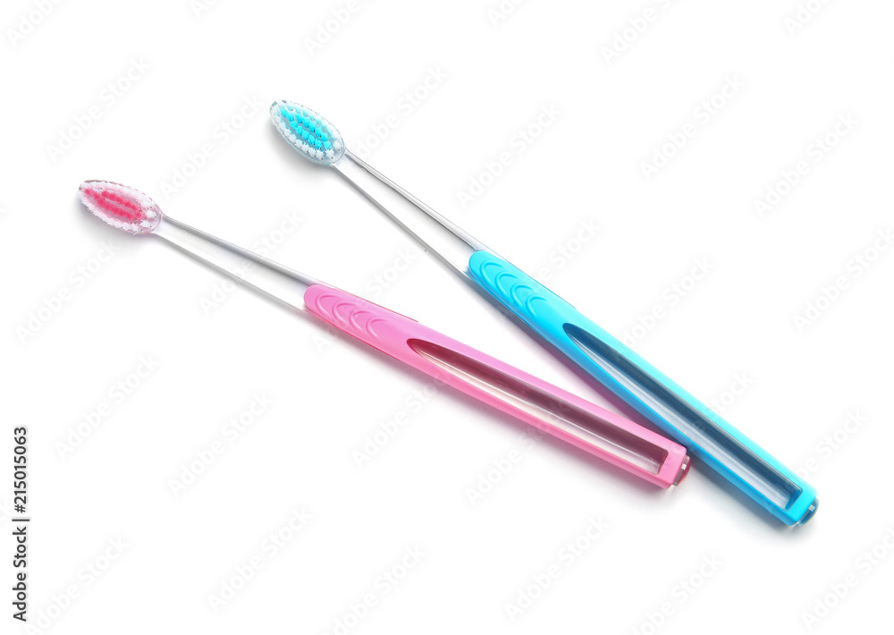 Color toothbrushes on white background. Dental care Color toothbrushes on white background. Dental care