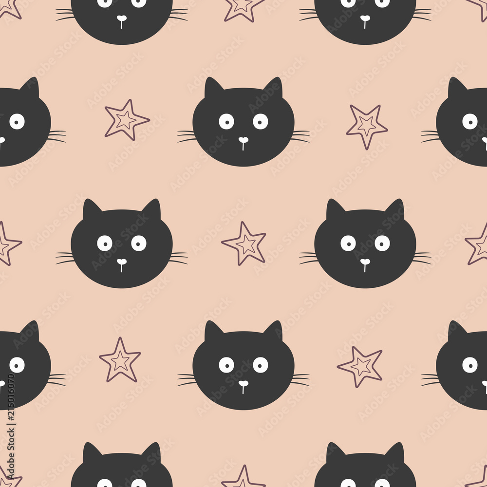 Obraz premium Repeated faces of funny cats and outlines of stars. Cute seamless pattern for children. Endless cartoon print.