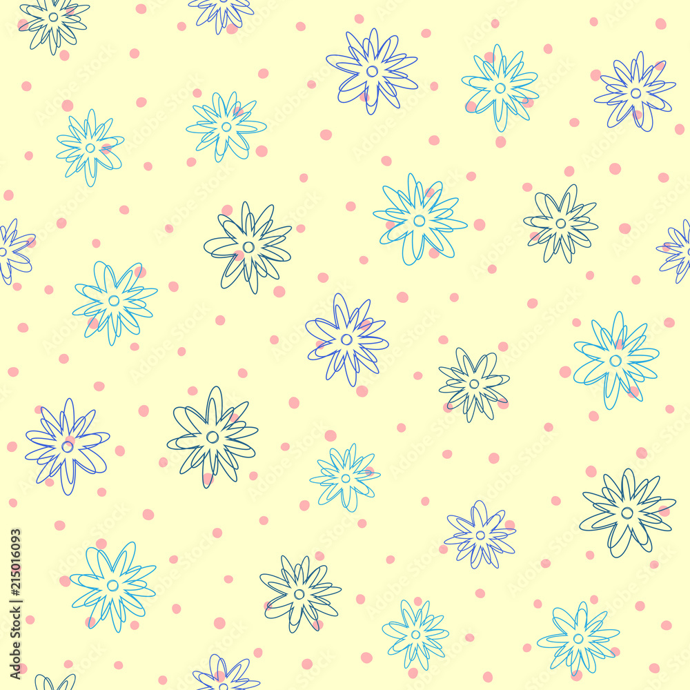 Repeated outline of abstract flowers on background with round dots. Floral seamless pattern for children. Sketch, doodle. Repeated outline of abstract flowers on background with round dots. Floral seamless pattern for children. Sketch, doodle.