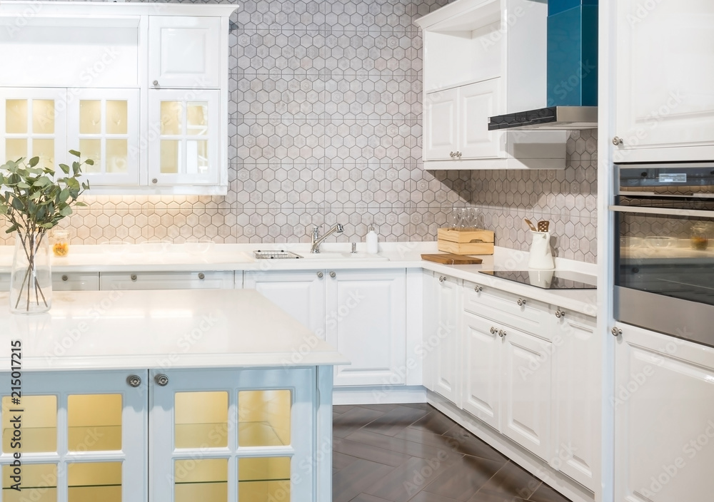 Fototapeta premium New modern, bright, clean, kitchen interior with stainless steel appliances in a luxury house