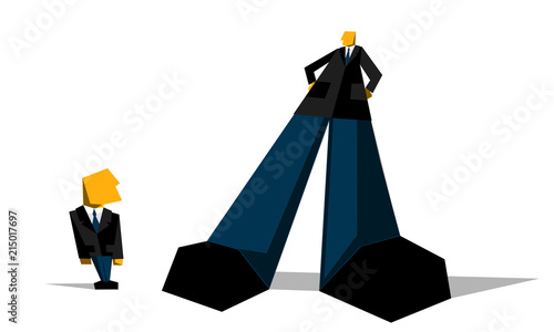 Big boss businessman looks down on small subordinate. Demonstration of superiority, excess of official authority, abuse of office. Vector Image