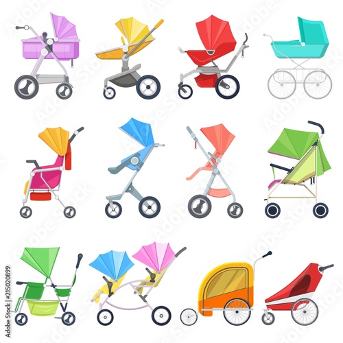 Stroller vector childish buggy or baby-stroller and pram for children or kids carriage illustration set of baby-buggy for newborn with wheel and handle isolated on white background