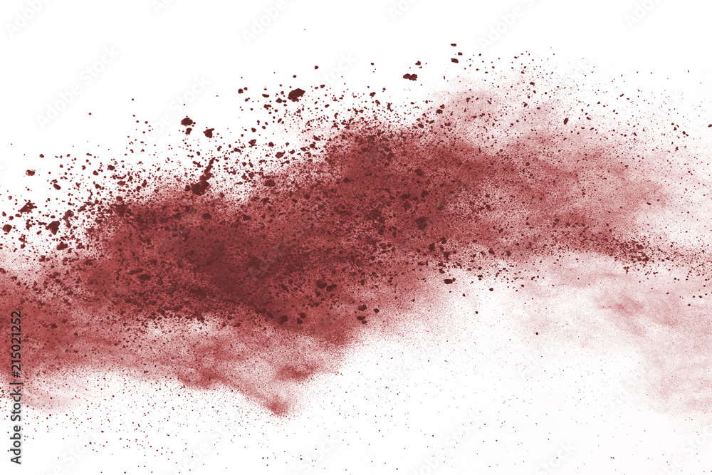 Freeze motion of red powder exploding, isolated on white background. Abstract design of red dust cloud. Particles explosion screen saver, wallpaper