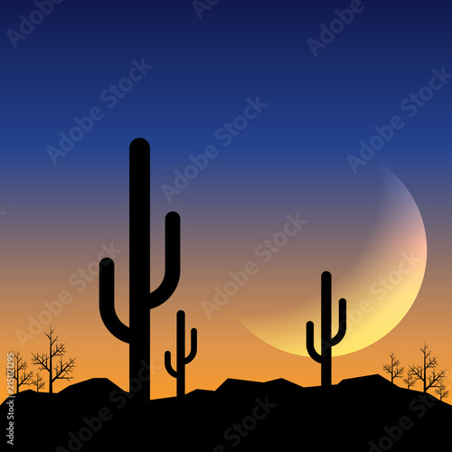 Desert landscape sunset with mountain range and cactus background