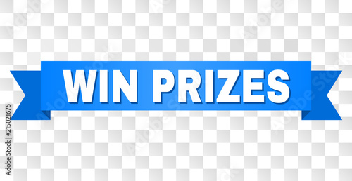 WIN PRIZES text on a ribbon. Designed with white caption and blue stripe. Vector banner with WIN PRIZES tag on a transparent background.