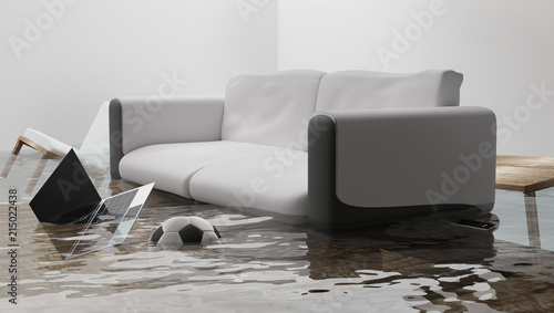 flooded water damage due to flooding in the house 3d-illustration