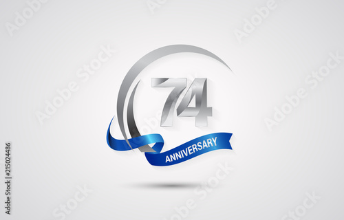74 Years Anniversary Celebration Logotype. Silver Elegant Vector Illustration  with Swoosh,  Isolated on white Background can be use for Celebration, Invitation, and Greeting card