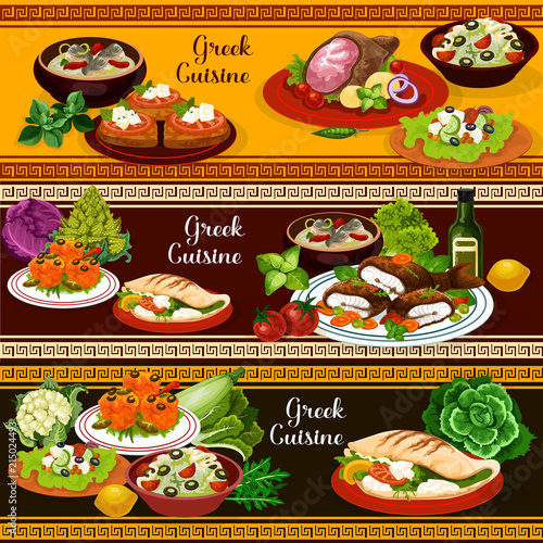 Greek cuisine banners, mediterranean food dishes