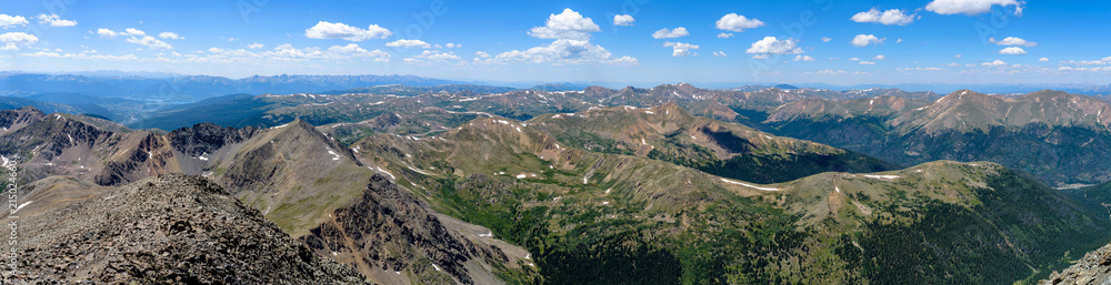 Top of Mountains - A summer panoramic view of rolling mountain ridges and high peaks in Front Range of Colorado Rockies, seen from summit of Torreys Peak (14,267 ft). Colorado, USA.