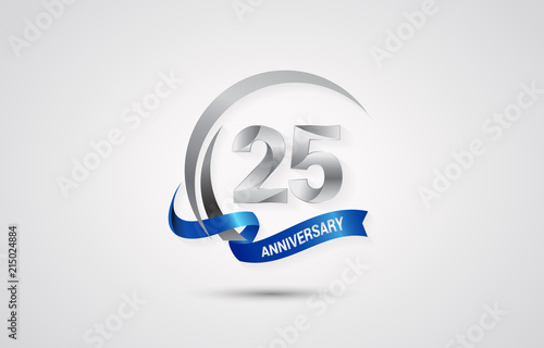 25 Years Anniversary Celebration Logotype. Silver Elegant Vector Illustration  with Swoosh,  Isolated on white Background can be use for Celebration, Invitation, and Greeting card