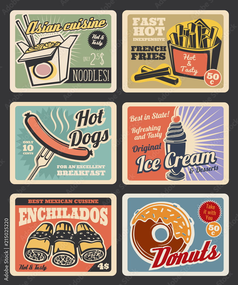 Fast food restaurant menu retro posters