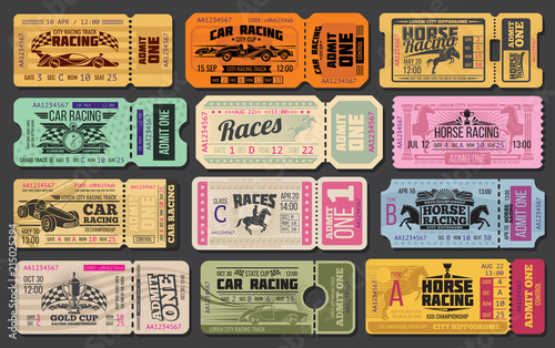 Fototapet Car and horse racing retro tickets