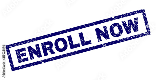 Rectangle ENROLL NOW seal print with corroded texture. Rubber seal imitation has rectangle frame. Blue vector rubber print of ENROLL NOW text with unclean texture.