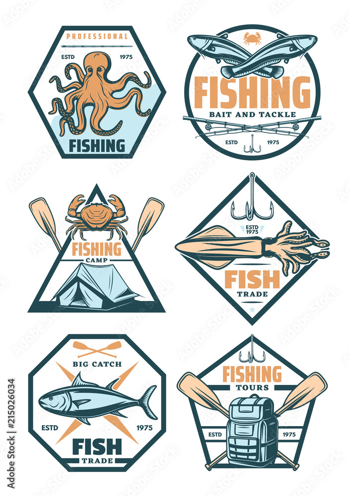 Fishing sport badges and icons with fish and hook
