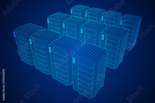 Hardware equipment telecommunication server. Data center storage room object. Computer database tower. Internet industry cluster. Wireframe low poly mesh vector illustration
