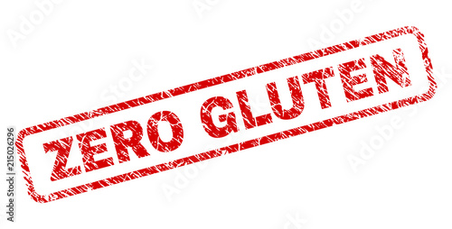 ZERO GLUTEN stamp seal watermark with distress style. Red vector rubber print of ZERO GLUTEN title with retro texture. Text title is placed inside rounded rectangle frame.