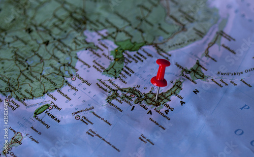 Close up the county of japan on world map,Pushpin marking of japan map