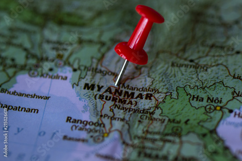 Close up the county of myanmar on world map,Pushpin marking of myanmar map