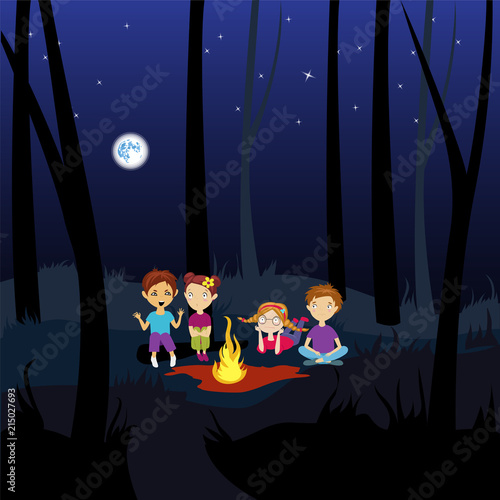 children in the woods around a campfire telling horror stories