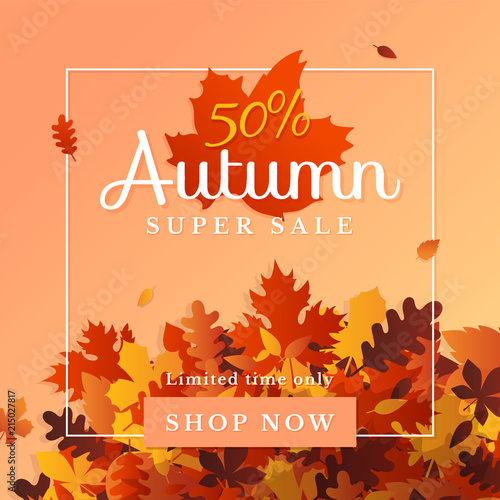 Autumn super sale flyer background design template. Fall discount online shop web banner. 50% off sale label, card, poster promotion with a pile of dry leaves vector illustration.