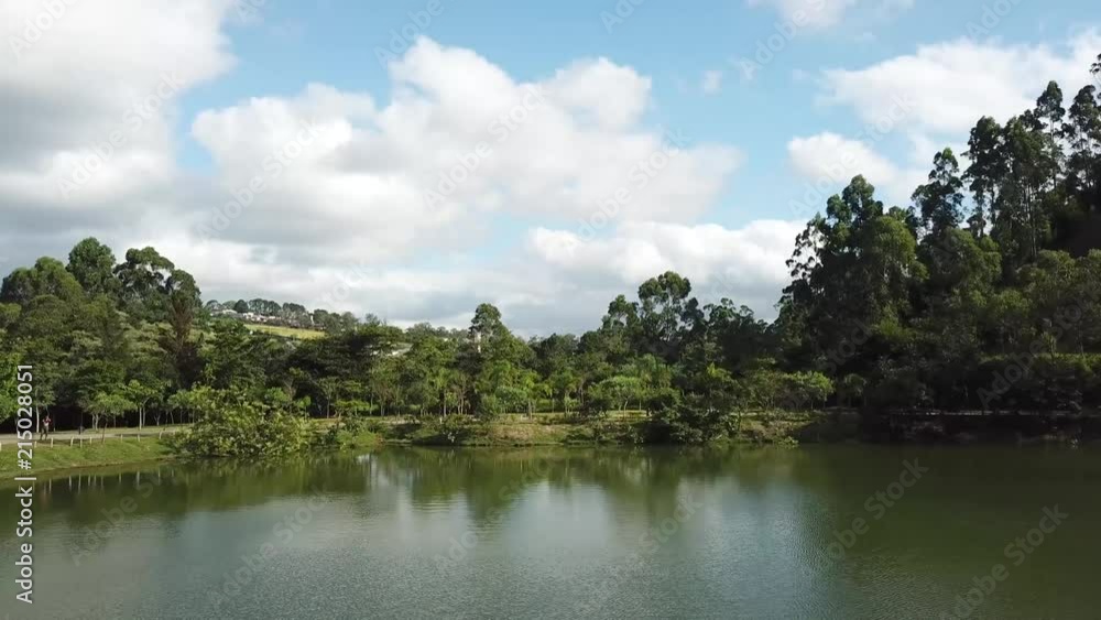 Flying over beautiful lake and green vegetation, drone shot Flying over beautiful lake and green vegetation, drone shot