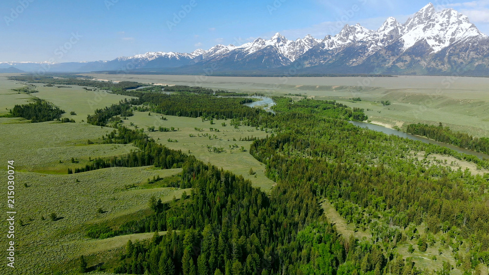Beautiful landscape near the Yellowstone National park in Wyoming USA from above. Aerial view drone shot