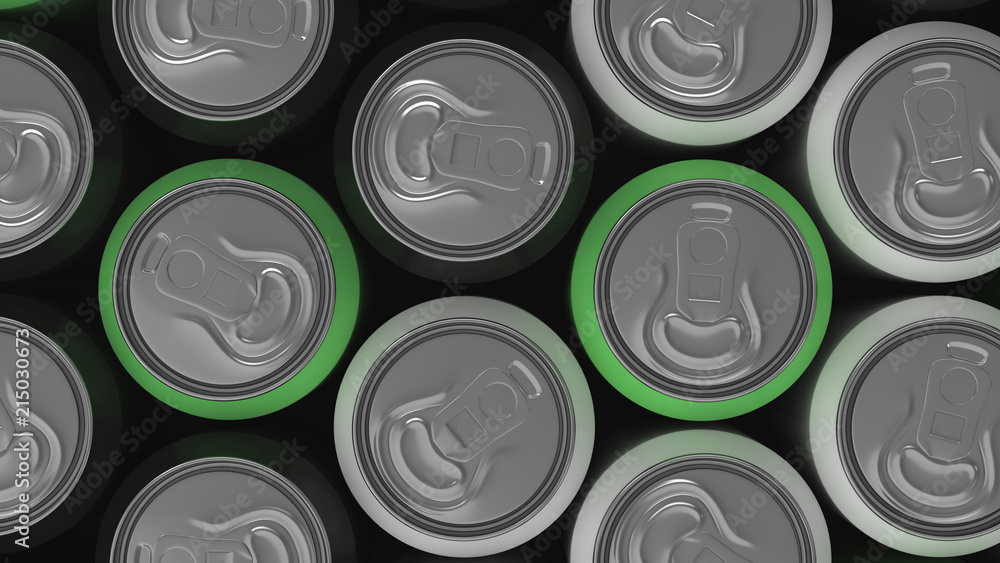 Big black, white and green soda cans on black background Big black, white and green soda cans on black background