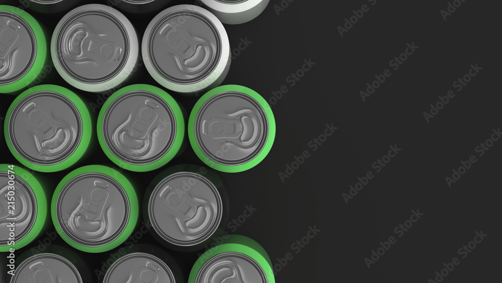 Big black, white and green soda cans on black background Big black, white and green soda cans on black background