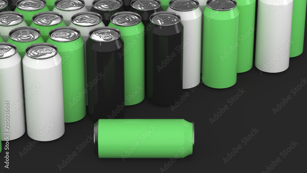 Big black, white and green soda cans on black background Big black, white and green soda cans on black background
