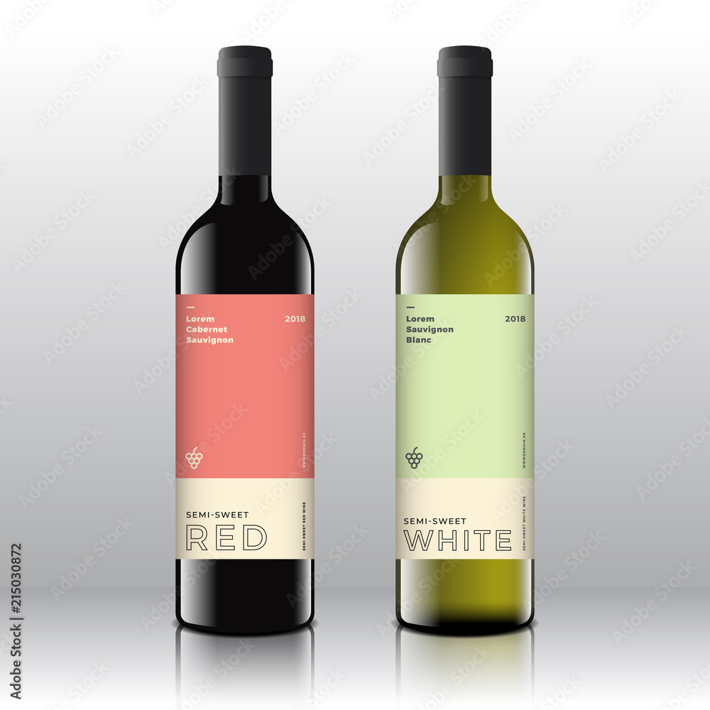 Premium Quality Red and White Wine Labels Set on the Realistic Vector Bottles. Clean and Modern Minimalist Design with Stylish Minimal Typography.