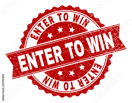 ENTER TO WIN seal print with corroded texture. Rubber seal imitation has circle medallion shape and contains ribbon. Red vector rubber print of ENTER TO WIN tag with scratched texture.