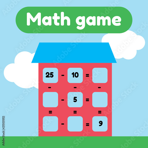 Vector illustration. Math game for preschool and school age children. Count and insert the correct numbers. Subtraction. House with windows.