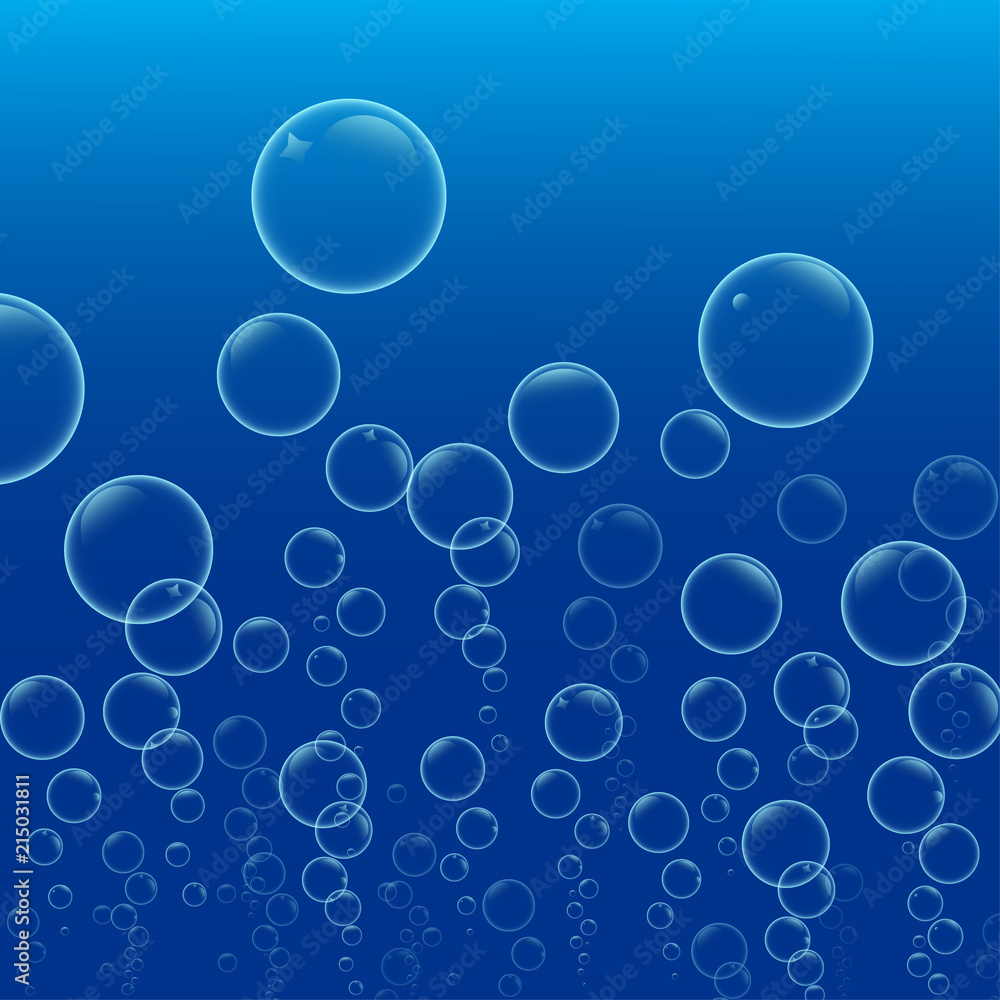 Abstract background shows the bubbles are rising from the sea or ocean on a blue background.