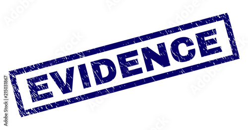 Rectangle EVIDENCE seal watermark with corroded texture. Rubber seal imitation has rectangular frame. Blue vector rubber print of EVIDENCE caption with corroded texture.