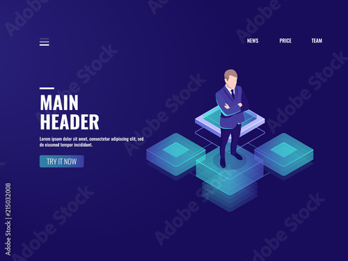 Business technology, online banking icon, cryptocurrency, businessman stay on platform, server room, future office, server room, isometric people illustration vector neon