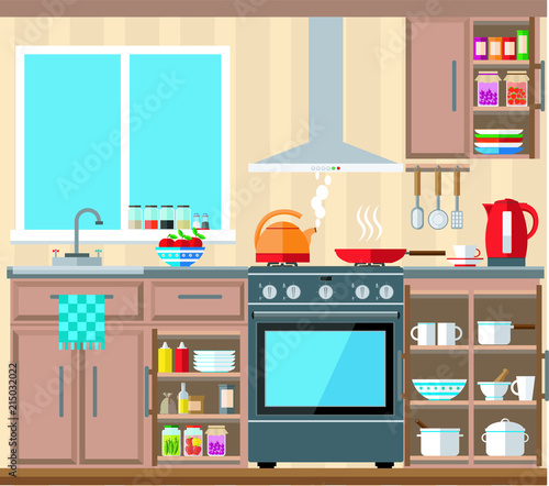 Spacious and bright kitchen with a large window, cabinets, stove and kitchenware. Vector illustration on the theme of the interior.