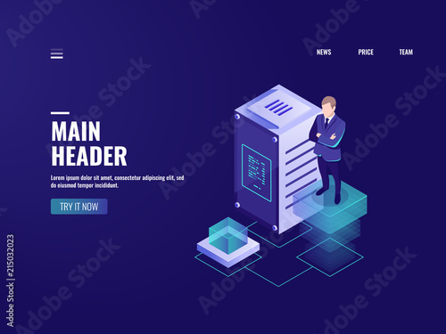 Business technology, online banking icon, cryptocurrency, businessman stay on platform, server room, future office, server room, isometric people illustration vector neon