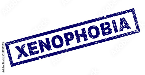 Rectangle XENOPHOBIA seal stamp with corroded texture. Rubber seal imitation has rectangular frame. Blue vector rubber print of XENOPHOBIA caption with scratched texture.
