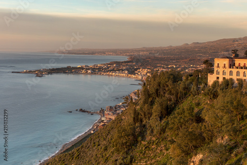 Taormina coastline, seen from Piazza 9 April, Taormina, Sicily, Italy