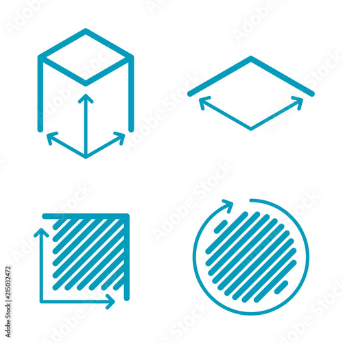 Size, square, area concept line icons. Volume, capacity, acreage outlined symbols and pictograms. Size and square dimension and measuring vector linear icon set. Thin outline infographic elements. photo