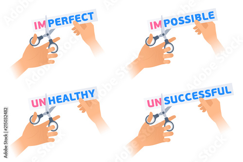 Human hand is using a scissors to cut a demotivation word on the sticker. Flat illustration of steel office shears cut a letters off to get a motivation phrase and to change. Vector business concept.