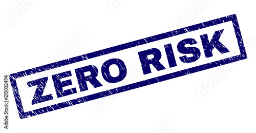 Rectangle ZERO RISK seal print with corroded texture. Rubber seal imitation has rectangle frame. Blue vector rubber print of ZERO RISK title with dirty texture.