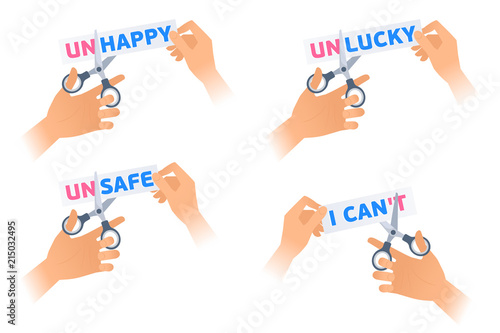 Human hand is using a scissors to cut a demotivation phrase on the sticker. Flat illustration of steel office shears cut a letters off to get a motivation word and to change. Vector business concept.