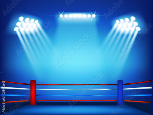 Boxing ring surrounded by spotlight with isolated blue background